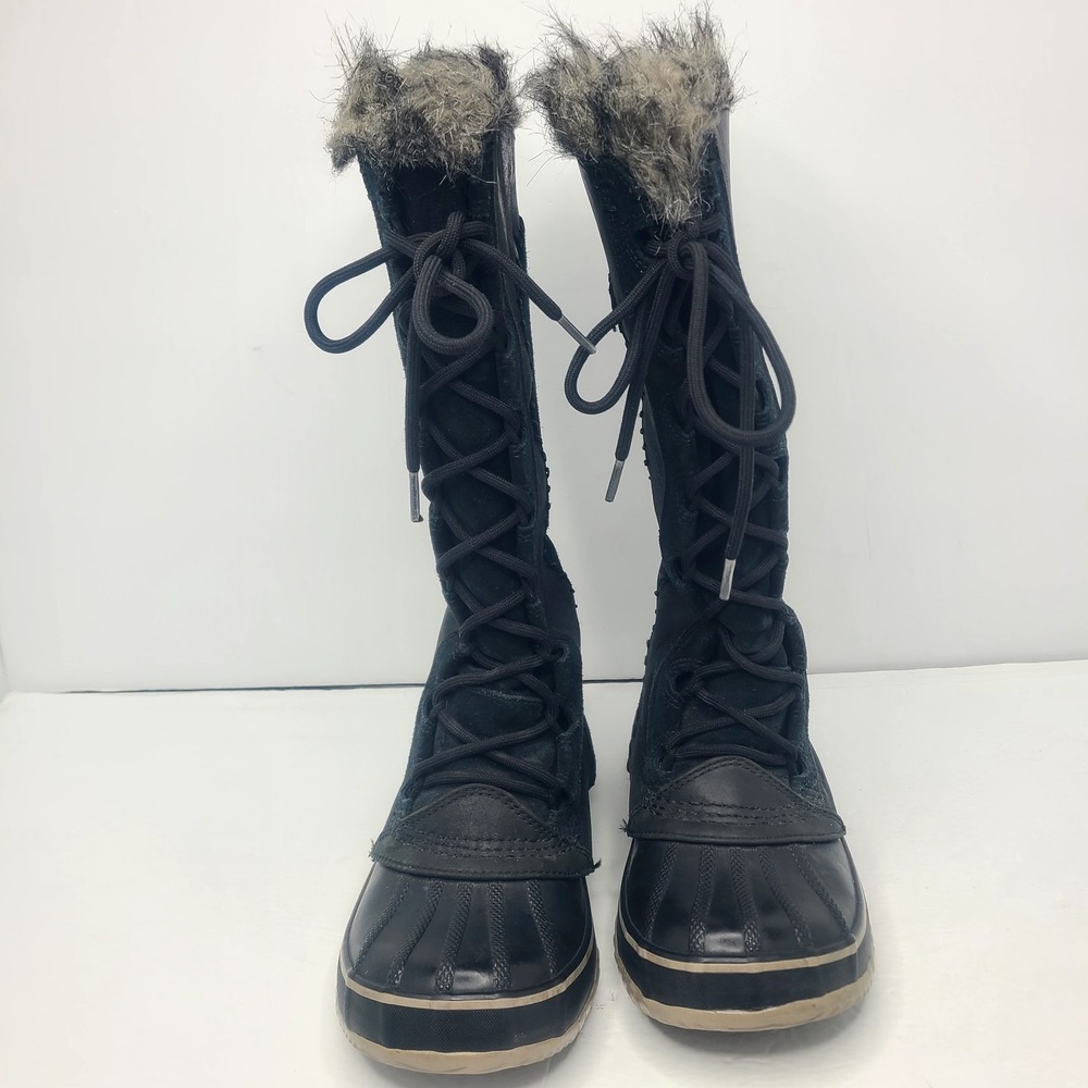 SOREL Cate the Great Winter Tall Suede Leather Boots Womens 7 Faux‎ Fur Black - Picture 4 of 9